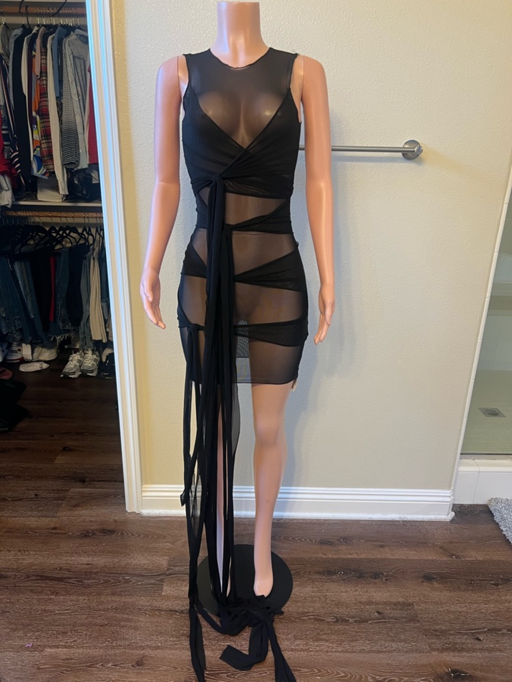 Sheer Black Mesh Mini Dress with Front Tie. Size M. NWT.